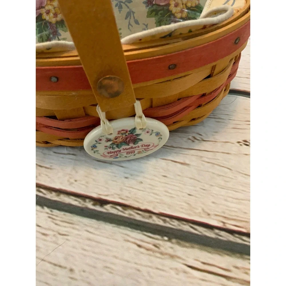 Longaberger 1999 Mothers Day Basket Floral Liner Protector Charm Handwoven